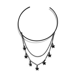 Detail of gothic black star choker featuring triple-layered chain tassels and alloy rings