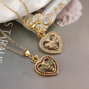 Elegant Heart Bee Pendant Necklace Copper Gold Plated With Zircon Crown Fashion Jewelry Accessory For Women
