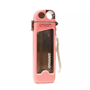 Pink minimalist plastic water bottle with drinking straw and portable carry strap