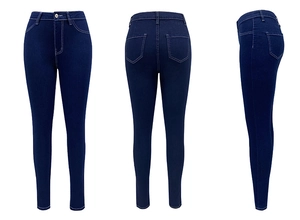 Three-way view of high waisted skinny jeans in dark blue showing front, back and side fits