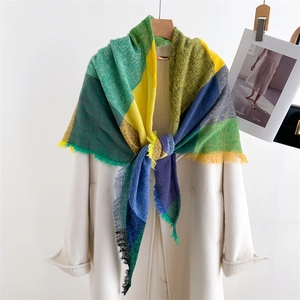 Fashionable cashmere-feel colorful plaid scarf with tassels on white coat