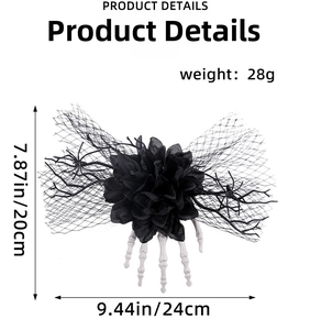 Detail view of Halloween ghost hand hair clip with mesh flower and size measurements