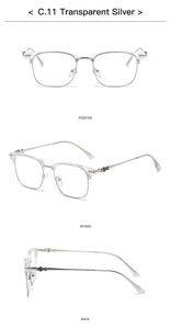 Three-view layout of retro transparent silver eyeglass frames with metal accents