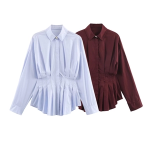 Women Long Sleeve Poplin Shirt Pleated Waist Button Down Lapel Solid Color Elegant Casual Office Blouse