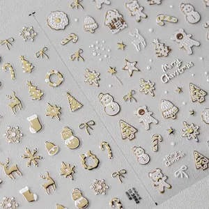 Autocollants 3D de Noël pour ongles avec motifs de renne et flocons en or et blanc