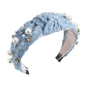 Blue denim knotted headband with pearls and rhinestones, stylish wide-brimmed hair accessory