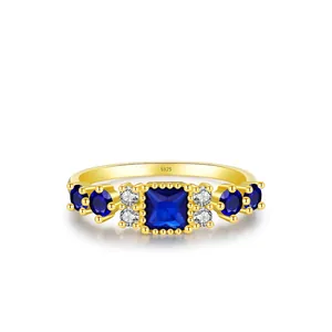 Vintage 925 Sterling Silver Gold Plated Square Blue Zirconia Ring Luxurious Small Crowd Pavé Inlaid Geometric Finger Ring For Women