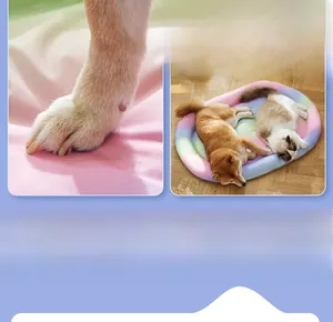 Detail of waterproof rainbow gradient pet cooling mat with water droplets and soft fabric