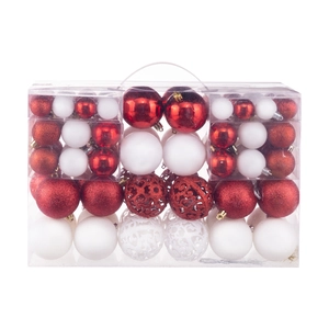 Detailed set of red and white Christmas ornaments in various sizes and finishes in clear box
