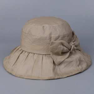 Women Elegant Ramie Bucket Hat Wide Brim Sun Protection Breathable Foldable Sun Hat With Large Bow For Summer Travel