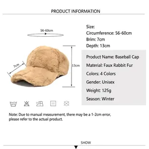 Winter faux rabbit fur baseball cap in brown with detailed size and product specifications