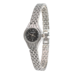 Detail of silver quartz watch featuring black dial and delicate metal chain links