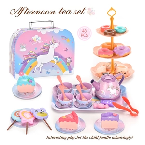 Detailed 48-piece unicorn afternoon tea set including teapot, cups, and play food desserts