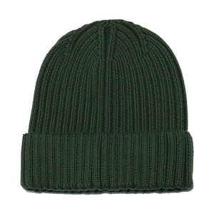 Detailed view of dark green ribbed knit texture on a thick cotton beanie hat