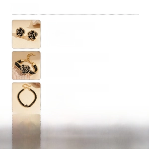 Specifications of black floral jewelry set with earrings, bracelet, and necklace