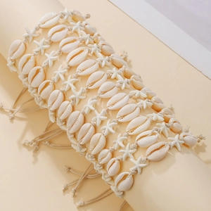Bohemian seashell and starfish woven bracelet set for women in neutral beige tones