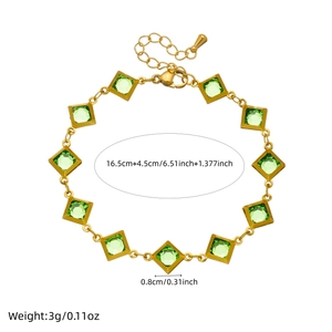 Gold plated stainless steel bracelet with square olive green crystals and extension chain