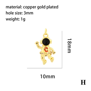 Detail view of gold-plated astronaut pendant with size dimensions and 3mm hole diameter