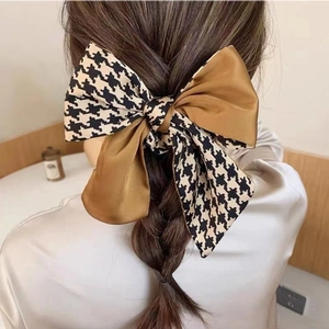 Houndstooth Patchwork Satin Bow Scrunchie Long Ribbon Hair Tie French Retro Elegant Ponytail Accessory For Women