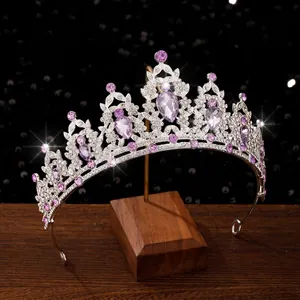 Baroque silver bridal crown with purple crystal teardrops and white rhinestone accents