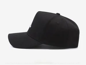 Side view of black high-top baseball cap featuring 3D white embroidered A-letter logo