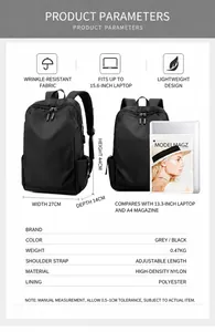 Detailed size specifications for 15.6 inch laptop backpack in black Oxford fabric