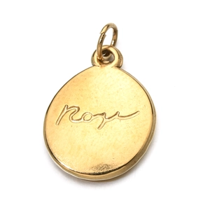 Close-up of golden stainless steel pendant with Rose engraving on a white background