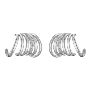 Detail of silver multi-layer ear cuff with parallel lines and sparkling cubic zirconia