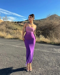 Detailed close-up of tight purple gradient strapless tube dress on a woman
