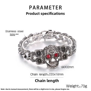 Spécifications du bracelet punk crâne en acier inoxydable avec strass rouges et mesures