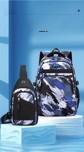 Blue camouflage backpack set with matching chest bag on geometric display stand