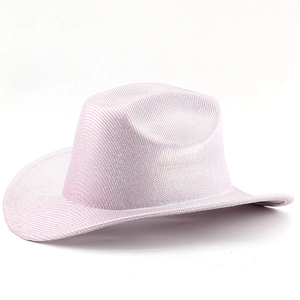 Pink sequin cowboy hat with silver glitter finish and wide brim for party performance