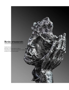 Detailed view of silver resin abstract face sculpture with fine textured diagonal lines