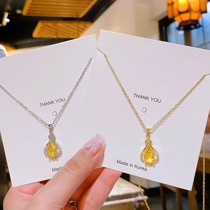 Fashionable Perfume Bottle Pendant Necklace For Women Yellow Water Drop Zirconia Titanium Steel Chain Copper Inlaid Jewelry
