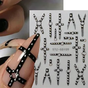 Black 5D embossed nail stickers featuring punk rivets and gothic cross designs