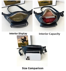 Visual capacity comparison of black crossbody bag showing internal space with smartphone and umbrella