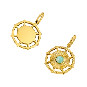 Golden stainless steel round pendant featuring turquoise stone inlay with sunburst texture