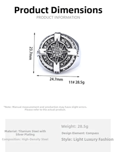 Detailed size chart for North Star compass ring showing 23.7mm height and stainless steel info