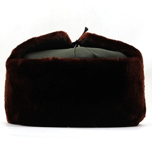 Deep green and brown winter trapper hat with ear flaps and thick faux fur lining