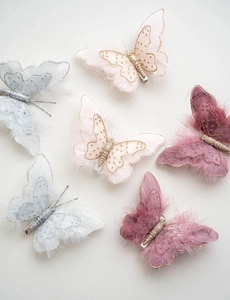 Close-up of sparkling sequined feather butterfly ornaments with mesh and glitter details