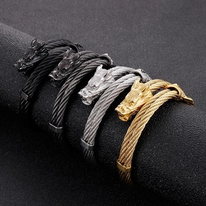 Punk dragon head bracelets in gold silver black and grey with double wire rope design