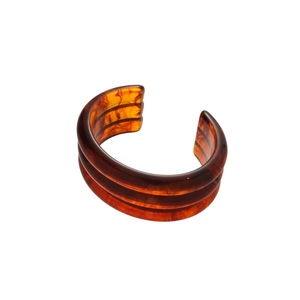Three-layer geometric amber resin open bangle with vintage tortoiseshell marble texture
