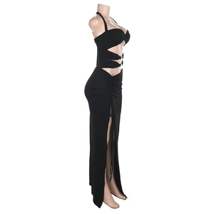 Detail of waist cut-out and high slit on a black halter neck maxi dress for women