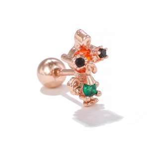 Detail of rose gold cartoon stud earring with colorful gems and screw back closure