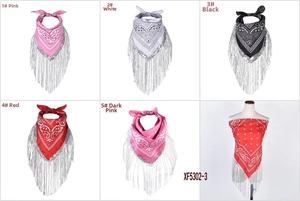 Multi-color sequin paisley bandanas with silver fringe showing various styling options