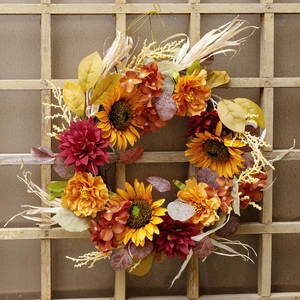 45cm Autumn Sunflower Wreath with dahlia and fall leaves on vintage wood background