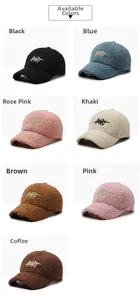 Detail view of seven colors of faux lambswool baseball caps with HEART embroidery