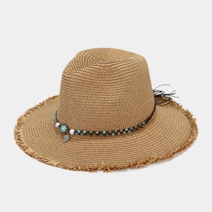 Retro khaki woven Panama sun hat with bohemian turquoise bead band and fringe brim