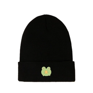 Warm black ribbed knit beanie featuring a cute green frog embroidery with a yellow star