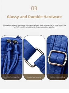 Detailed macro view of high-quality silver metal zippers and hardware on blue leather